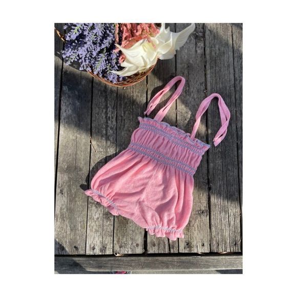70s Pink Terrycloth Bubble Romper Blue Smocked Trim Tie Straps 12-24M - Picture 1 of 5